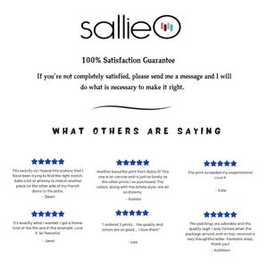 May include: A screenshot of a website with customer reviews for art prints. The website features a logo with the word "sallie" and a colorful music note icon. The reviews are positive and include five-star ratings. The text "100% Satisfaction Guarantee" is displayed above the reviews.