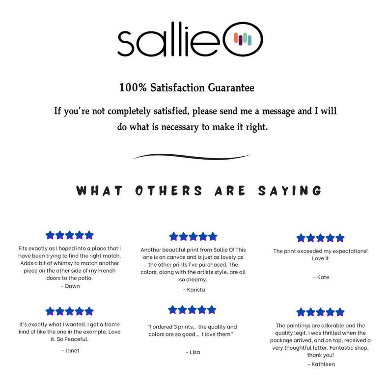 May include: A screenshot of a website with customer reviews for art prints. The website features a logo with the word "sallie" and a colorful music note icon. The reviews are positive and include five-star ratings. The text "100% Satisfaction Guarantee" is displayed above the reviews.