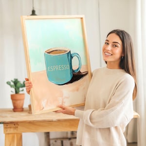 Espresso Coffee Cup Art Print, Coastal Cafe Kitchen Wall Decor, Neutral Blue Mug Cup Collection Beach House Coffee Bar Print Set by SallieO