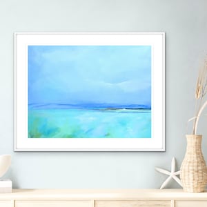 May include: Abstract painting of a seascape with a blue sky and turquoise water. The horizon is a thin line of dark blue, and the water is painted with a light, airy brushstroke.