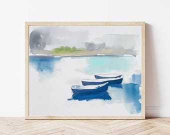 Blue Rowboat Watercolor Art Print, Coastal Seascape Painting, Beach House Wall Decor, Nautical Lake House Artwork, Fine Art Print on Paper