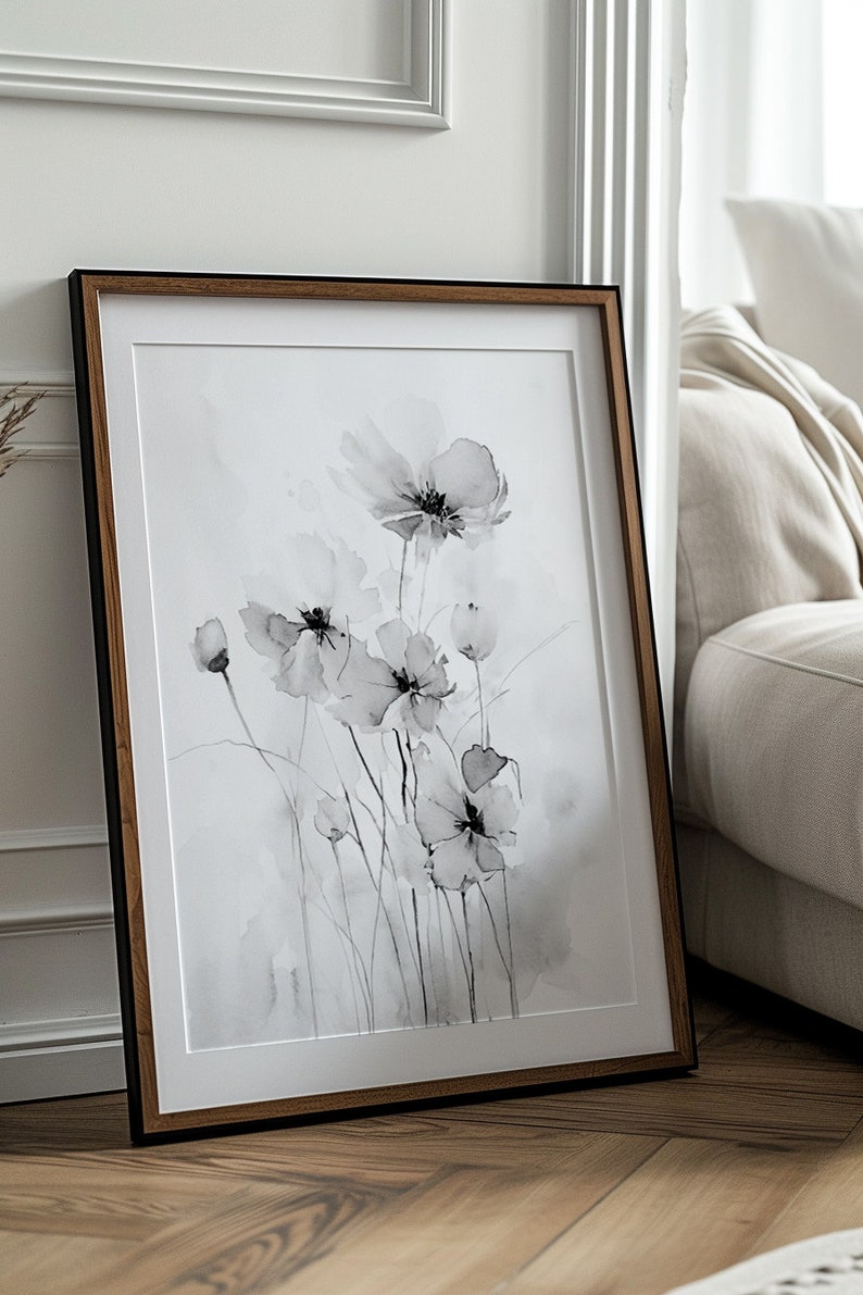 Black and White Watercolor Painting, Field of Flowers Art, Wildflower Painting, Museum Quality Giclee Print on Cotton Rag Texture Paper image 5