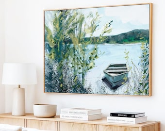 Coastal Lake House Wall Art, Impressionist Blue and Green Nautical Painting, Modern Beach House Decor,