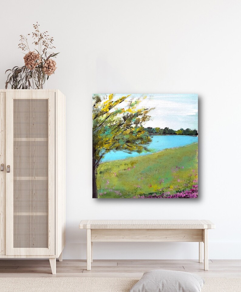 Impressionist Landscape Painting, Riverside Wall Art, Abstract Painting Giclee Square Print, 24x24, 36x36, 48x48, sallieoart, image 7