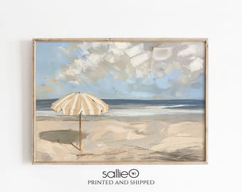 Beach Umbrella Wall Art Print, Neutral Coastal Decor, Tan and White Ocean Painting,