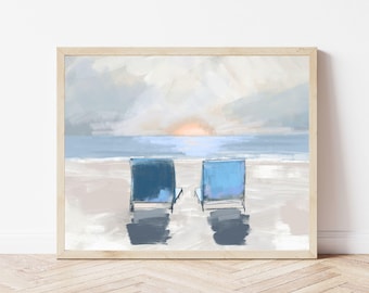 Ocean Sunset Wall Art, Family Keepsake Coastal Painting, Beach Decor Fine Art Print, Muted Tone Beach Chair Artwork