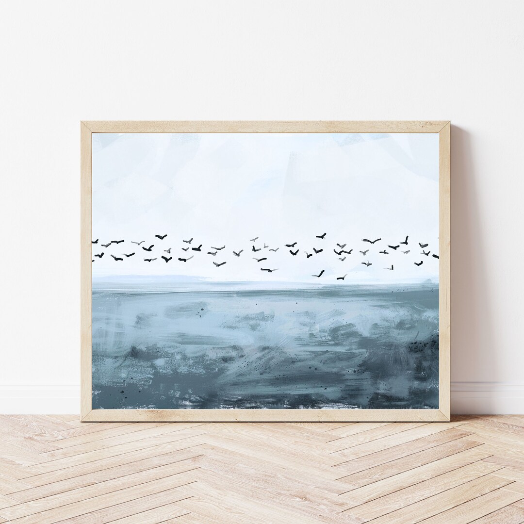 Seagulls Flying Wall Art Beach Decor Art, Modern Coastal Painting, Blue ...