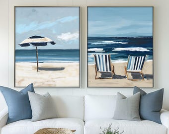 Set of Two Beach Wall Art Prints Navy Blue Modern Coastal Paintings Summer Seaside Wall Decor, SallieO Giclee Canvas Prints