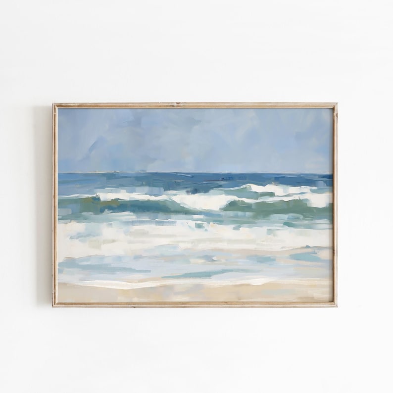 Ocean Waves Crashing Wall Art: Modern Beach House Decor, Minimalist Coastal Painting - Museum Quality Giclee Print - "High Tide" image 1