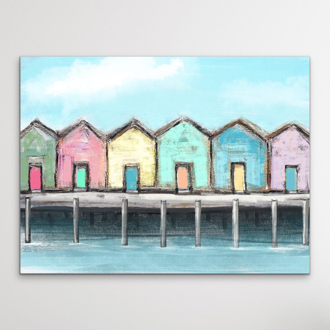 Boardwalk Beach Art, Colorful Row Homes Wall Art, Pastel Houses Abstract Painting, Canvas Print