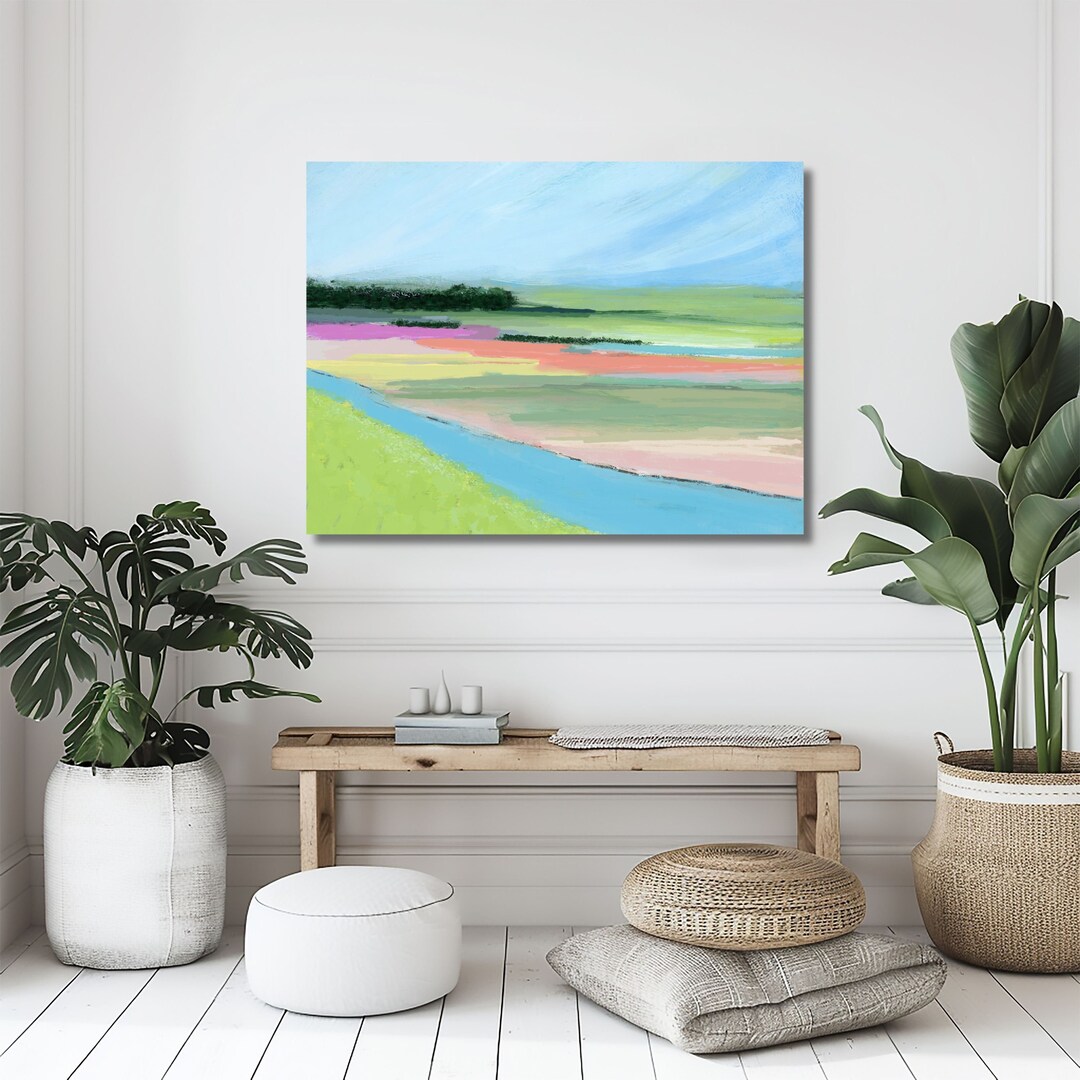 Pink and Green Landscape Wall Art, Pastel Fields Art Print, Rivers and