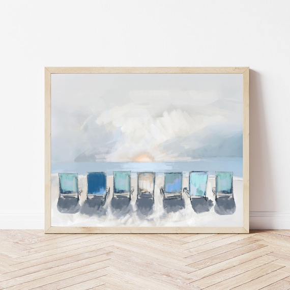 Family Keepsake Coastal Wall Art, Ocean Sunrise Sunset Painting, Beach Decor Fine Art Print, Muted Tone Beach Chair Artwork
