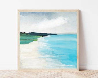 Beach Wall Art, Abstract Coastal Seascape Art, Ocean Painting Canvas Print, Blue Ocean Sandy Beach by SallieO, Half Moon Bay