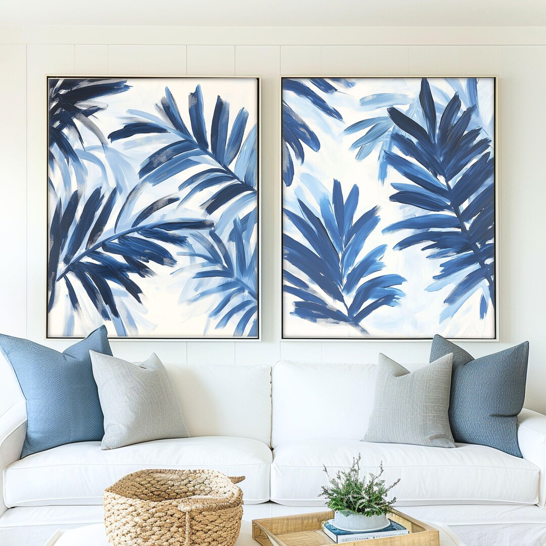 Set of Two Blue Palm Leaf Prints – Coastal Botanical Wall Art in Indigo ...