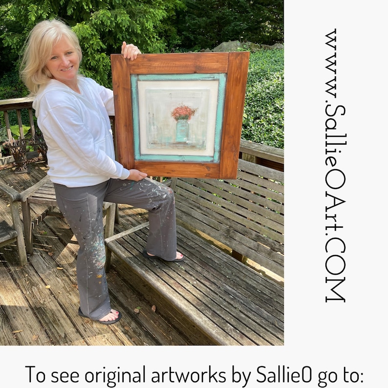 May include: A framed painting featuring a floral still life in a blue vase. The artwork is set within a light blue border and a dark brown wooden frame. The website address www.SallieOArt.com is visible on the right side of the image.