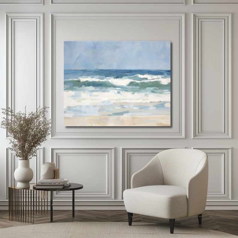 May include: Abstract painting of a seascape with blue and white waves crashing on a sandy beach. The sky is a light blue with hints of gray clouds.