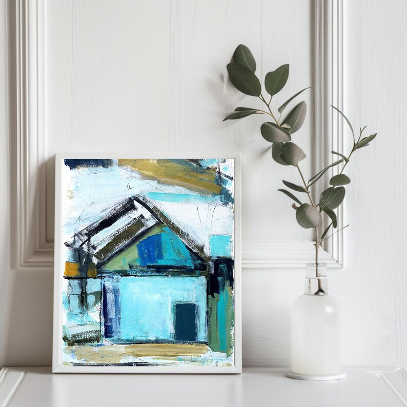 Abstract Beach House Art Print | Blue Coastal Cottage Painting | Modern ...