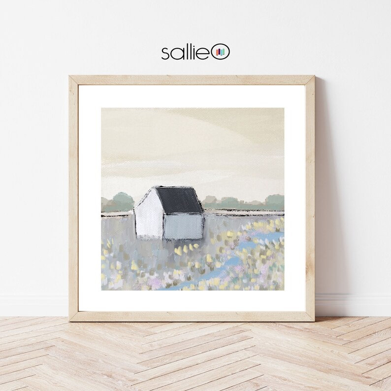 Modern Farmhouse Wall Art, Vintage Barn Canvas Print, Square Art Print Set, White Rustic Barn in Country Fields, SallieO image 5