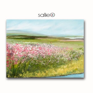 Huge Landscape Wall Art, Pink Flowers on River Painting, Square, Horizontal, Pastels, Impressionist Art, Open Fields, Rivers and Hills