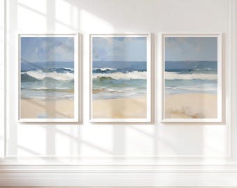 Set of 3 Beach Wave Wall Art Prints, Coastal Decor Artwork Prints, Family Room Art, Beach House Gift, Ocean Art, Canvas Prints