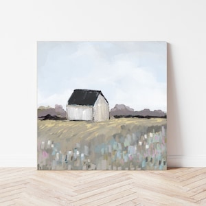 Modern Farmhouse Wall Art, Vintage Barn Canvas Print, Square Art Print Set, White Rustic Barn in Country Fields, SallieO image 2