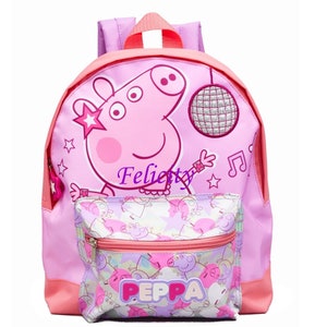 May include: A light pink backpack featuring a large graphic of Peppa Pig with a star and a disco ball. The name Felicity is printed in purple script. The front pocket has a repeating Peppa Pig pattern and a patch with the text PEPPA in bold letters.