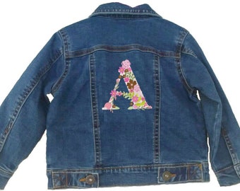 Embroidered Personalised Toddler Baby Children's Denim Jacket Floral Initial Design Named Clothing