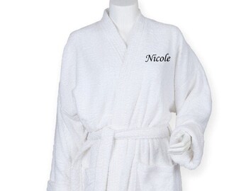 Personalised Embroidered Ladies Mens Towelling Kimono Style Robe Dressing Gown Mum, Mama, Dad, Named Clothing White Navy