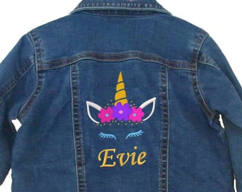 Embroidered Personalised Toddler Baby Children's Denim Jacket Beautiful Unicorn Design Named Clothing