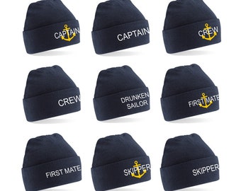 Personalised Embroidered Navy Yachting Boating Beanie Hat, Captain, Skipper, Crew, Drunken Sailor, First Mate, Anchor Detail