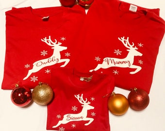 Personalised Family Matching Christmas Reindeer Family Jumpers Sweatshirt Top Mama Deer Papa Deer Baby Deer Snowflakes