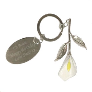 Personalised Engraved Calla Lily Keyring with Engraved Gift Tag in Gift Box