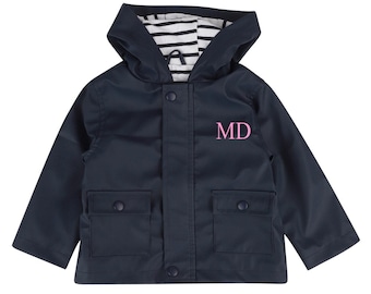 Personalised Embroidered Children's Toddler Baby Rain Coat Jacket Navy Yellow Red Candyfloss Pink