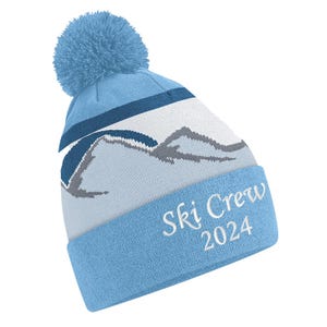 Personalised Embroidered Mountain Peaks Cuffed Pom Beanie Hats Winter Hats 4 great designs Skiing, Walking Club Hats, Skiing Holiday Beanies