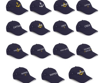 Personalised Embroidered Navy Yachting Boating Caps Hat, Captain, Skipper, Crew, Drunken Sailor, First Mate, Anchor Detail