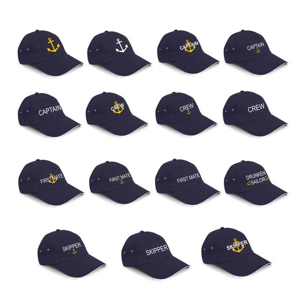 Personalised Embroidered Navy Yachting Boating Caps Hat, Captain, Skipper, Crew, Drunken Sailor, First Mate, Anchor Detail