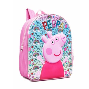 May include: A pink backpack featuring a large graphic of Peppa Pig on the front panel. The background pattern includes colourful rainbows, musical notes, stars, and hearts on a light blue field. The word PEPPA is printed in bold, multi-coloured letters.