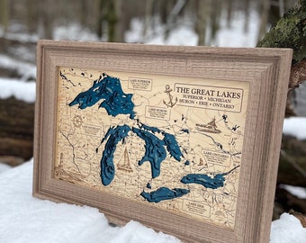 Great Lakes Map, 3D Lake Map, Custom Lake Map, Custom Lake Art, Lake Michigan Map, Lake Superior Map, 3D Wall Art, Lake House Decor