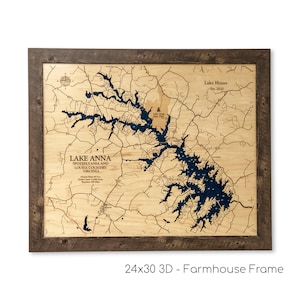 Carte du lac Anna, carte en bois personnalisée, art du lac personnalisé, art mural 3D, contour des cartes, décoration maison du lac, carte du lac, carte de la profondeur, bathymétrique, art du lac