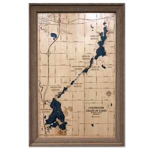 Coldwater Chain Lakes - aangepaste houten kaart - Lake Art - dimensionale muurkunst - contourkaart - Lake House Decor - topografische kaart - dieptekaart