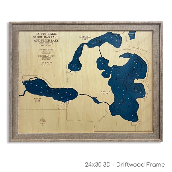 Big Fish, Saddlebag, + Finch Lakes - Custom Wood Map -  Art - 3D Wall Art - Contour Map - Lake House Decor - Lake Map - Depth Map - Gift