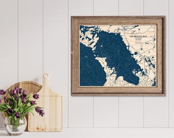 Mapa de la Bahía Georgiana, Mapa del Lago Hurón, Mapa personalizado del lago, Mapa del Lago Wood, Arte mural en 3D, Mapa de contorno, Decoración de casas en el lago, Mapa de lagos, Mapa de profundidad, Arte del lago