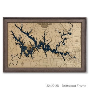Lago Tims Ford - Mapa de madera personalizado - Arte mural 3D - Mapa de contorno - Decoración de casa de lago - Mapa de lago - Mapa de profundidad - Letrero de lago - Casa de lago - Arte de lago