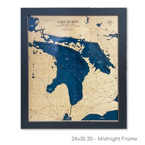 Mapa de contorno de profundidad tallado en madera, dimensional del lago Hurón. Personalízalo con la información de tu hogar. Mapa en relieve. Arte en madera. Regalos del lago. Regalos de madera.