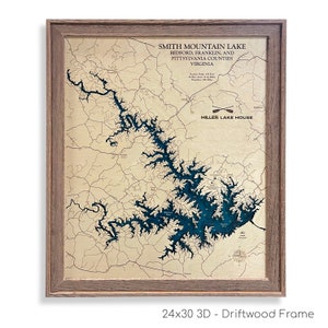 Smith Mountain Lake - aangepaste houten kaart - kaart van Virginia - 3D kunst aan de muur - contourkaart - Lake House Decor - kaart meer - dieptekaart - cadeau meer - cadeau