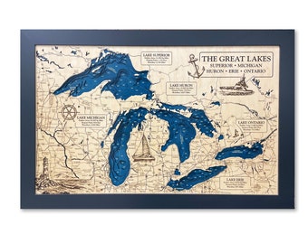 Great Lakes Map with Nautical Graphics, 3D Lake Map, Custom Lake Map, Custom Lake Art, Lake Michigan Map, Lake Superior Map, Lake Decor