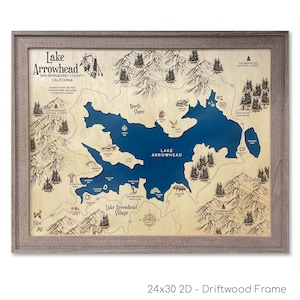 Mapa de Lake Arrowhead con gráfico, mapa de madera personalizado, arte de lago personalizado, arte mural 3D, mapa de contorno, decoración de casas de lago, mapa de lago, mapa de profundidad, arte de lago
