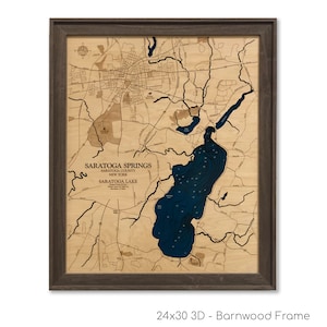 Saratoga Springs et le lac de Saratoga, carte en bois personnalisée, carte de Saratoga, art mural 3D, décoration de maison sur le lac, carte du lac, carte de la profondeur, cadeau lac