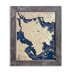 St Joseph Island Dimensional Wood Carved Depth Contour Map - Customize With Your Home Information - Lake Art - Wood Maps - Lake Home Gift