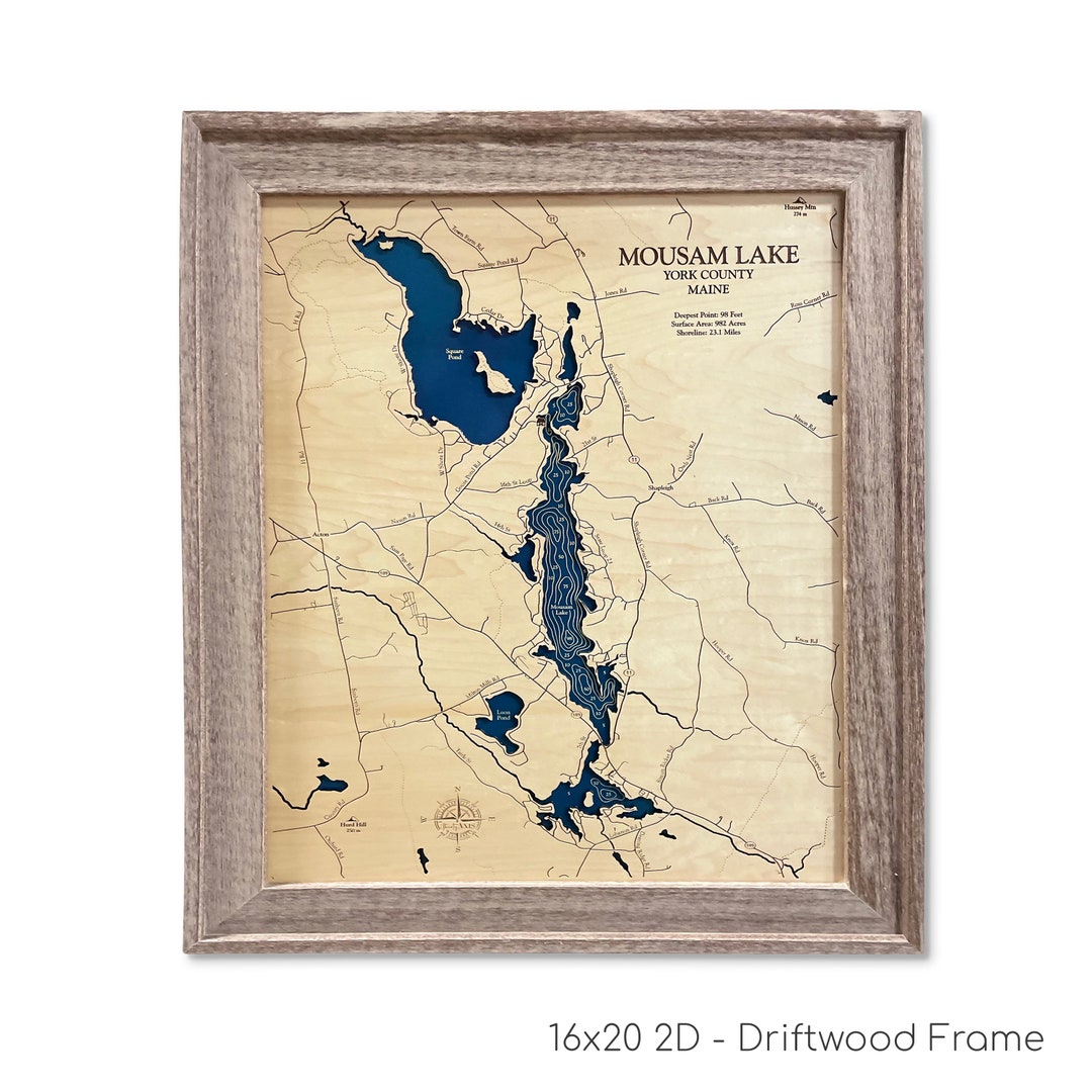 Mousam Lake Map, Mousam Lake, Custom Lake Map, Wood Lake Map, 3D Wall